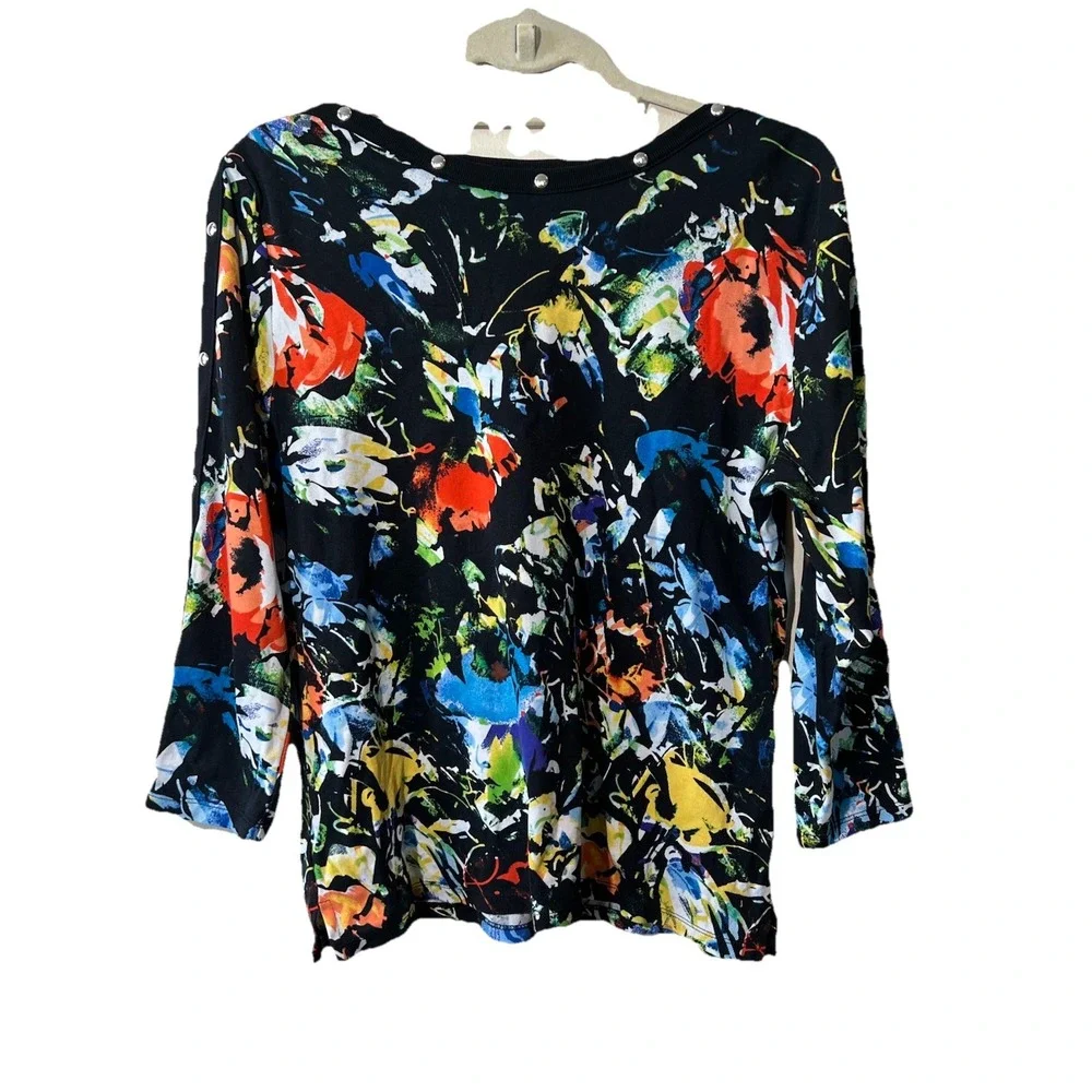 Rafaella Sweater Women XL Floral Studded 3/4‎ Sleeve Ribbed Pullover Black Fall